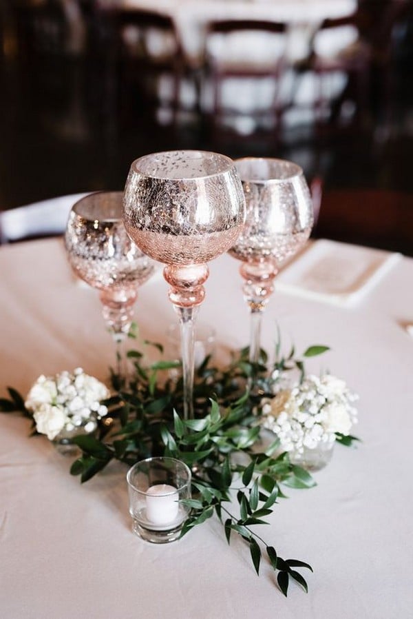 rose gold and greenery wedding centerpiece