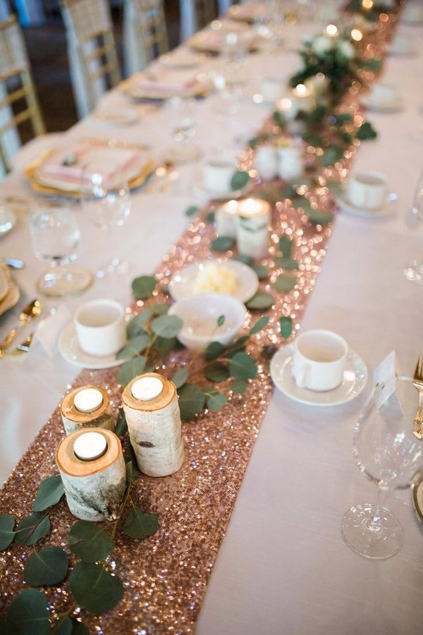 rustic and glitter rose gold wedding table runner