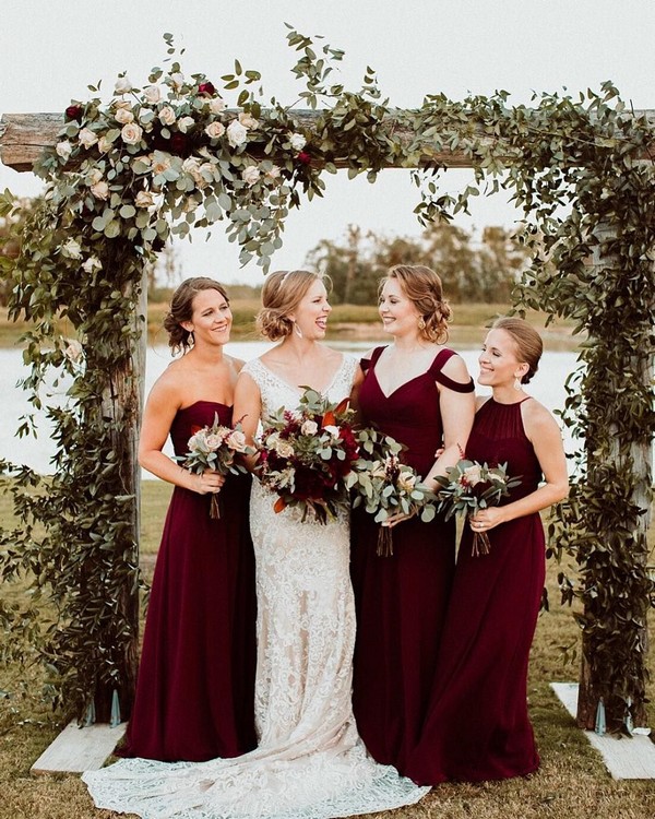 rustic mismatched burgundy bridesmaid dresses