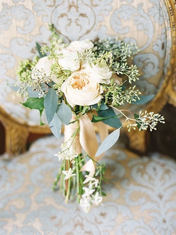 seeded eucalyptus and peach roses wedding bouquet