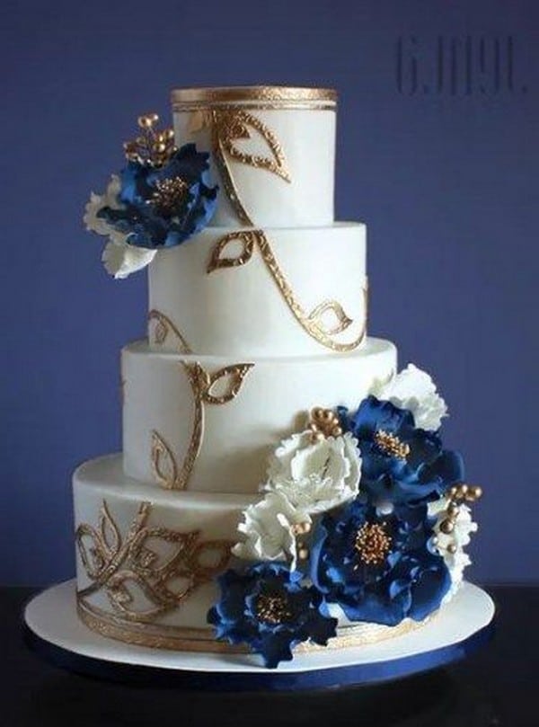 vintage classic blue and gold wedding cake