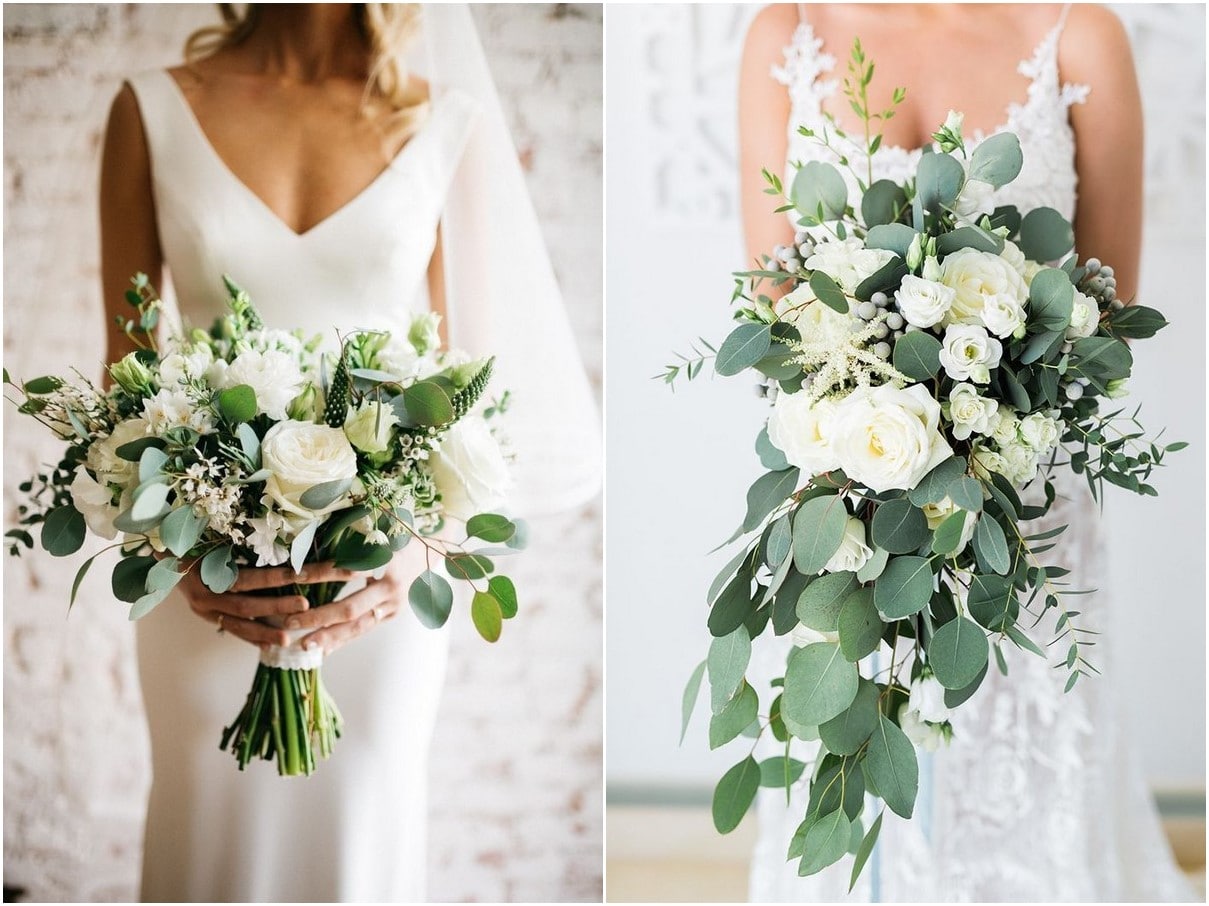 Chic simple white and greenery wedding bouquets