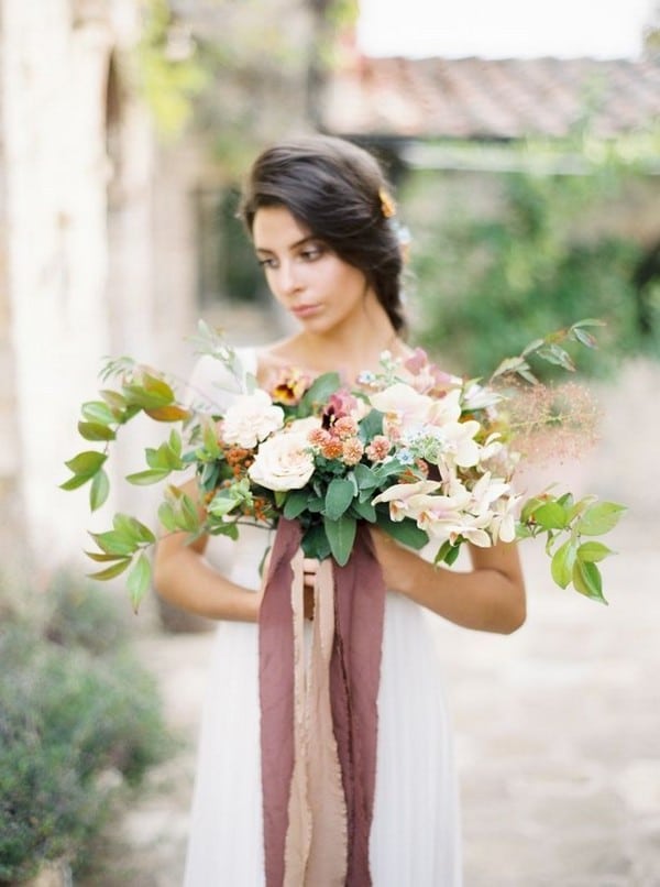 blush floral bridal bouquets with dusty rose ribbons