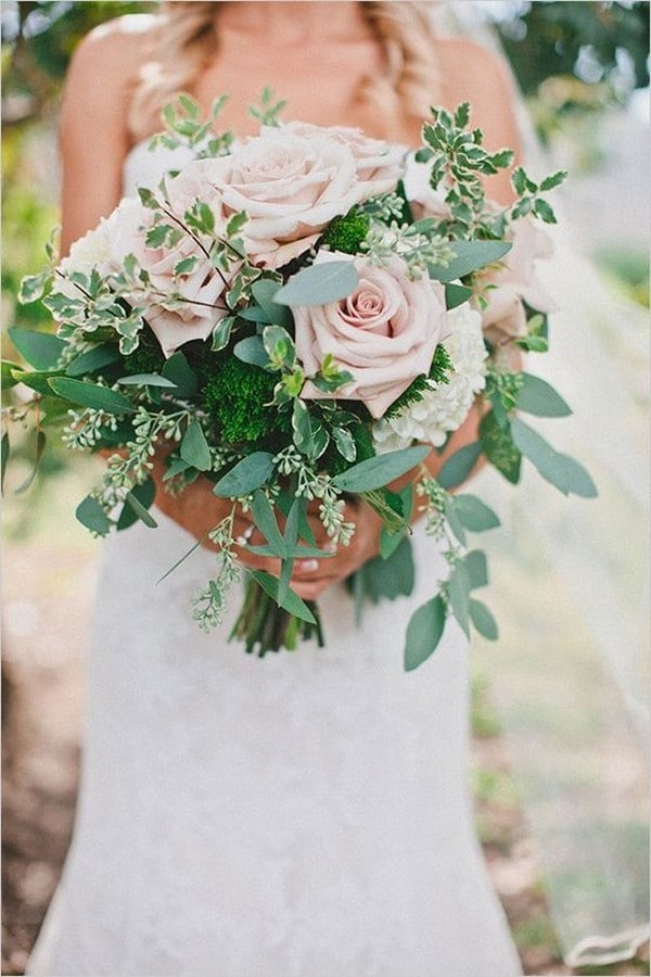 dusty pink roses and greenery leaves wedding bouquet
