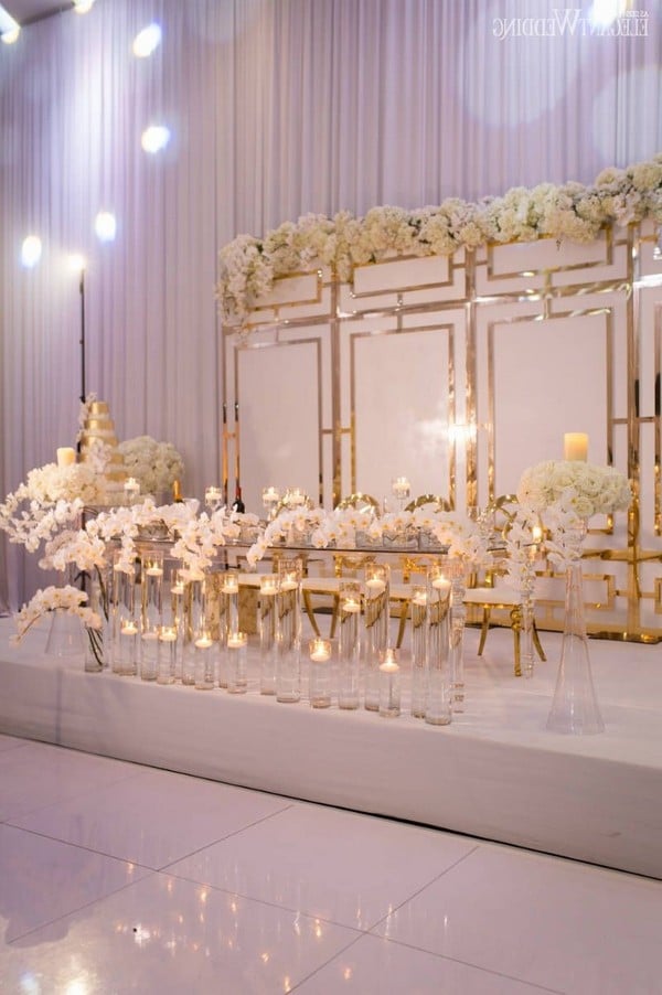elegant all white and gold wedding reception decoration idea #wedding #weddingideas #goldwedding