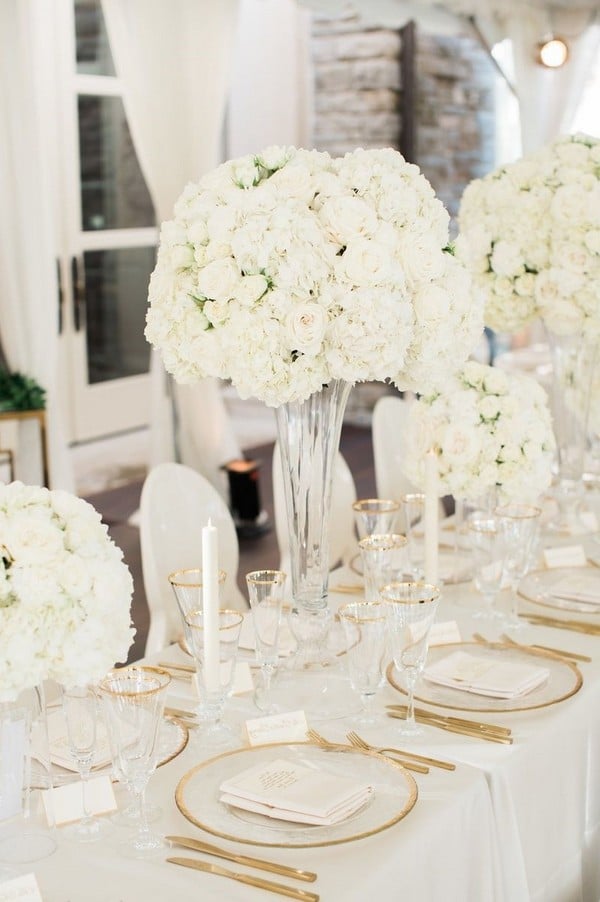 elegant all white and gold wedding table decoration idea #wedding #weddingideas #goldwedding