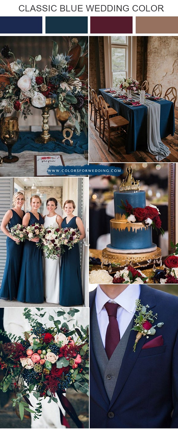 fall classic blue and burgundy deep red wedding color ideas