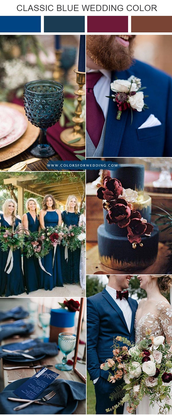 fall classic blue and burgundy deep red wine wedding color ideas