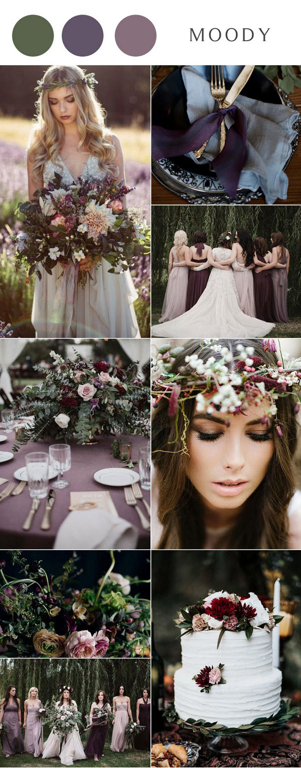 moody wedding ideas mauve bridesmaid dresses dark purple bouquet for wedding