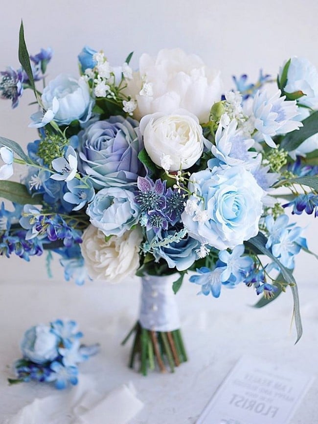 Blue wedding bouquets and flowers 16