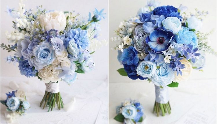 Blue wedding bouquets and flowers