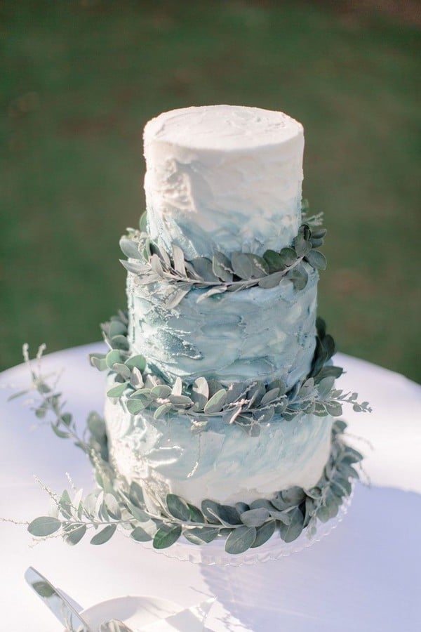 Watercolour White and Sage Green Seeded Eucalyptus Wedding Cake