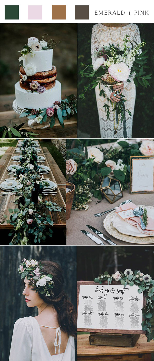 emerald green and pale pink woodland fall wedding colors