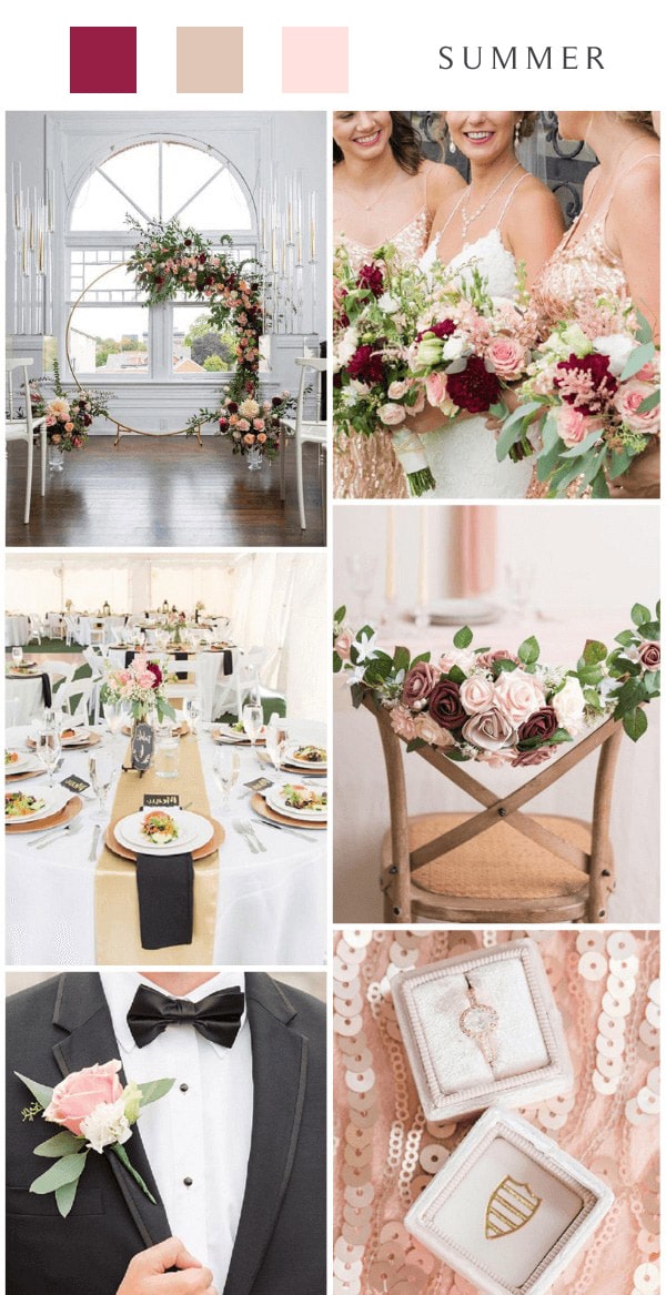 summer rose gold and burgundy wedding color ideas
