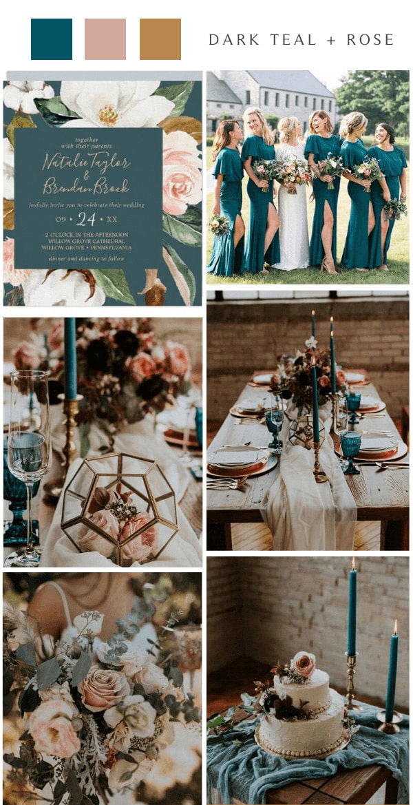 vintage dark teal and dusty rose wedding color ideas