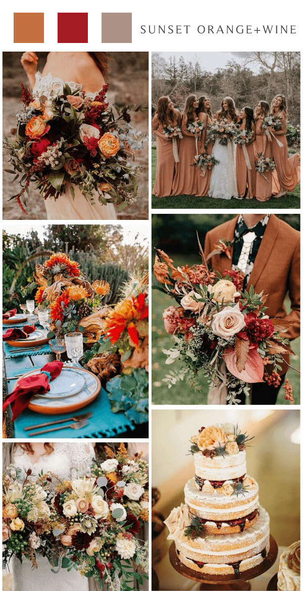 country chic sunset orange and wine wedding color ideas