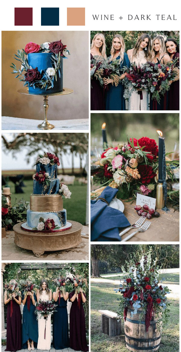 country chic wine and dark teal wedding color ideas