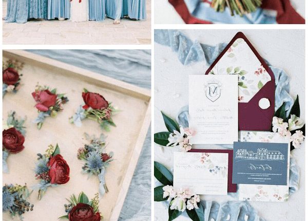 country chic burgundy and dusty blue wedding color ideas