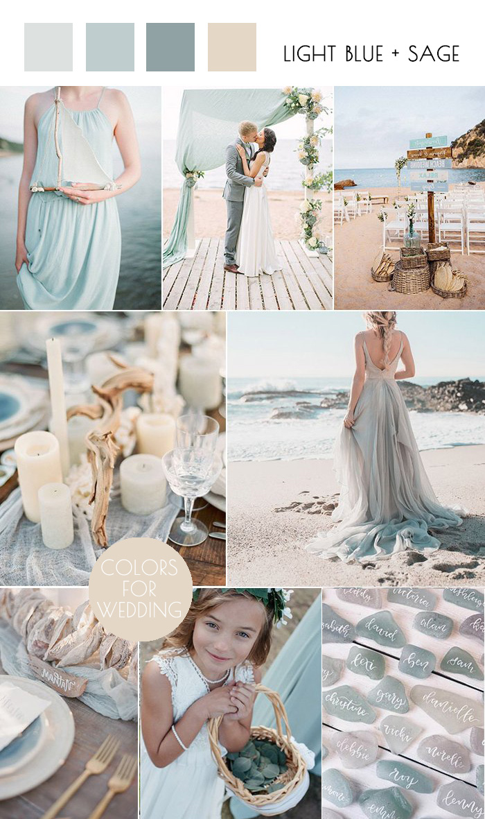 casual light blue and sage beach side wedding color combos