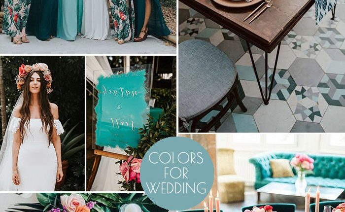teal auqa blue and coral tropical wedding color palette