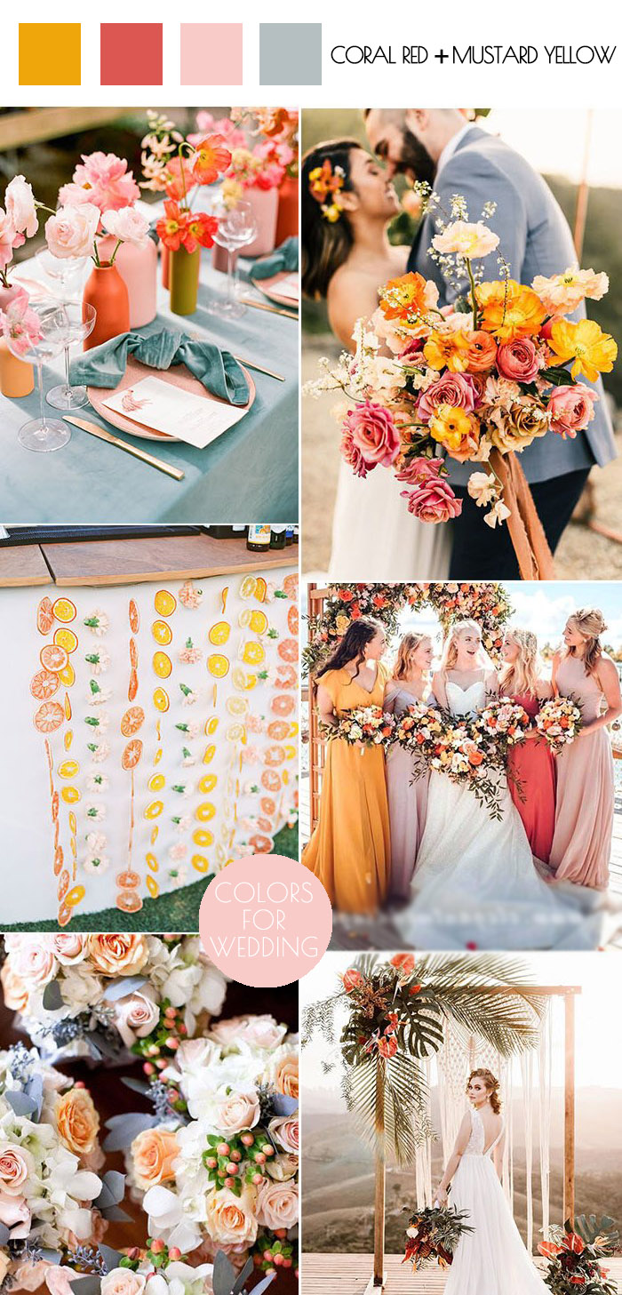 vibrant and colorful summer beach wedding colors in coral redmustard yellow and blush