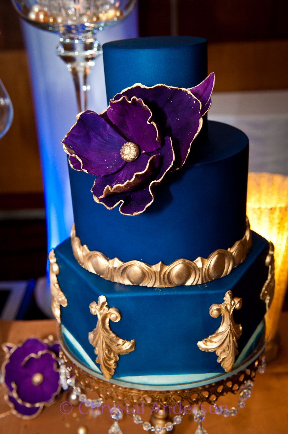 royal blue and purple vintage wedding cake