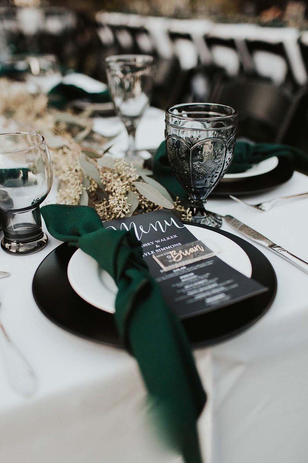 black and emerald green wedding table decor and menu