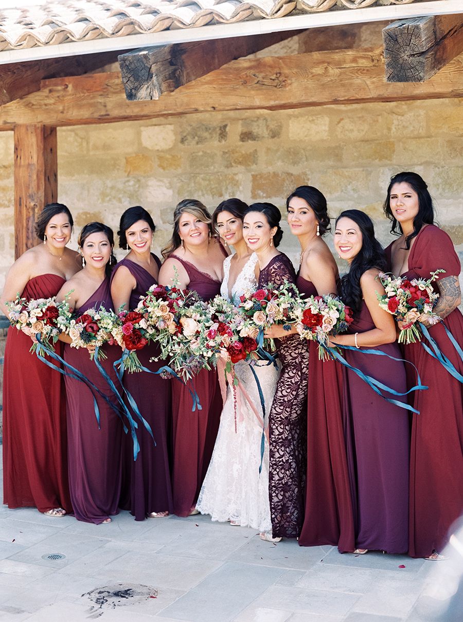 red purple mix and match bridesmaid dresses