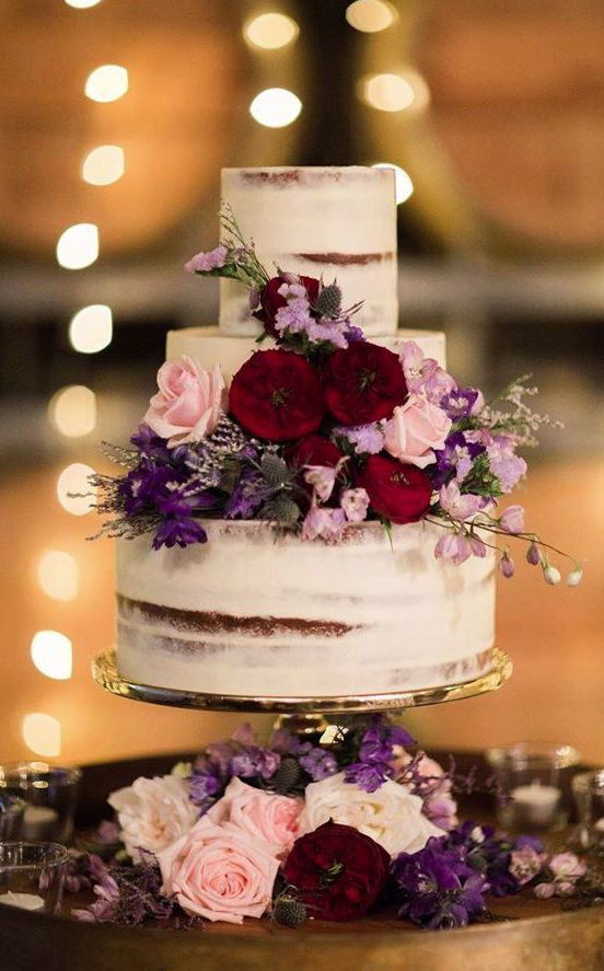 rustic purple and red wedding cake