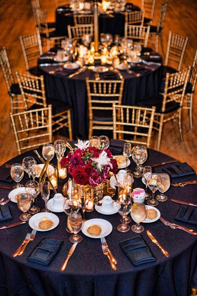 Old Hollywood Glam Winter Black Red and Gold Wedding Table Decor