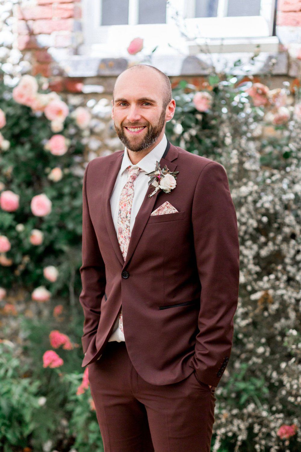 burgundy groom wedding suit