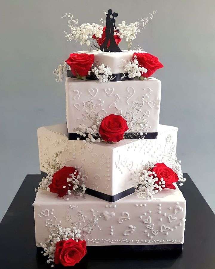 4 tier square white red and black wedding cake via ymeri_bakery_pastry