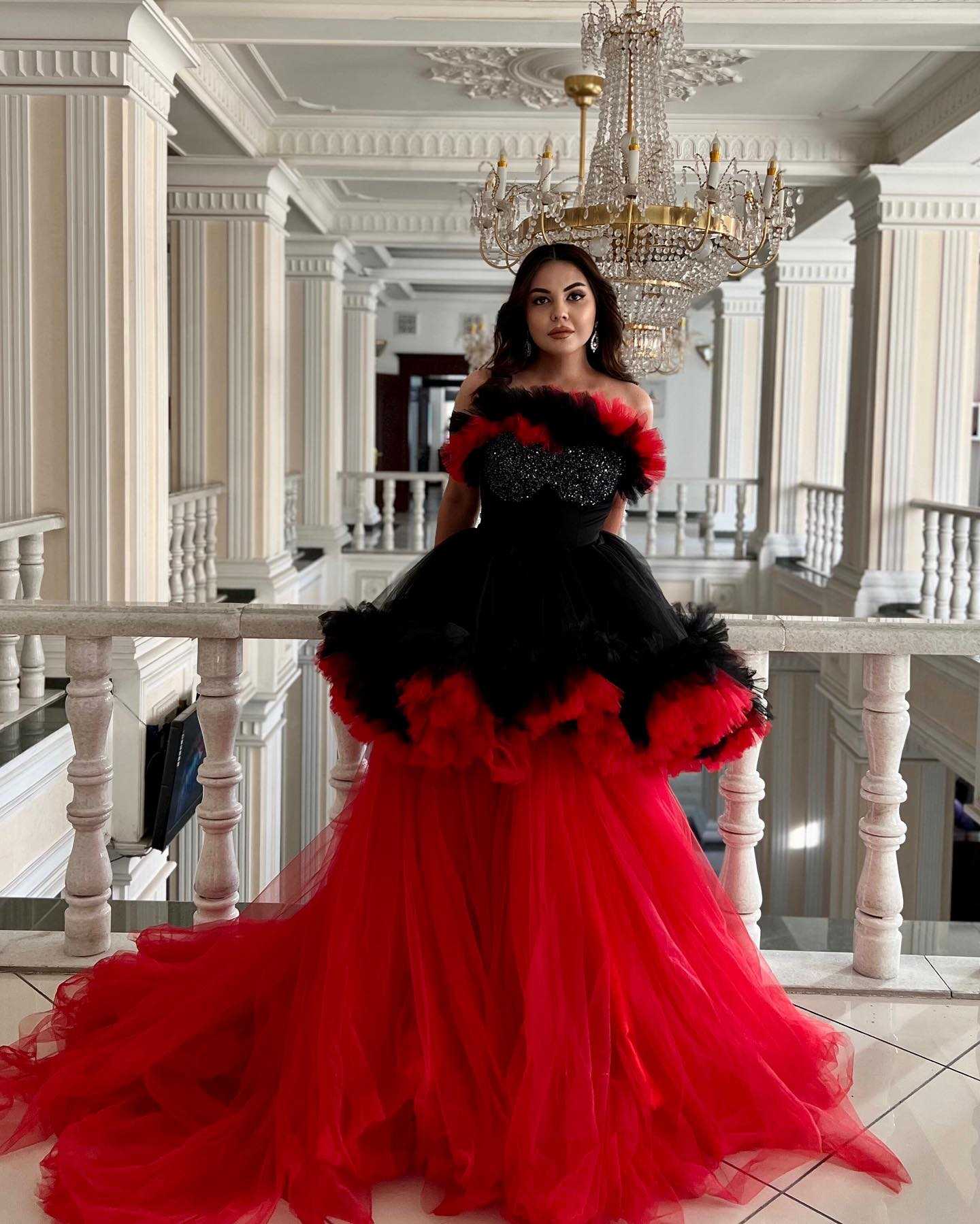 black and red tulle wedding dress