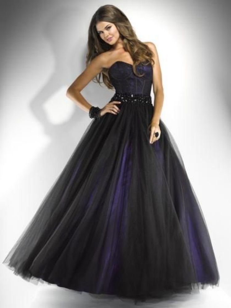 black tulle and purple ball gown wedding dress
