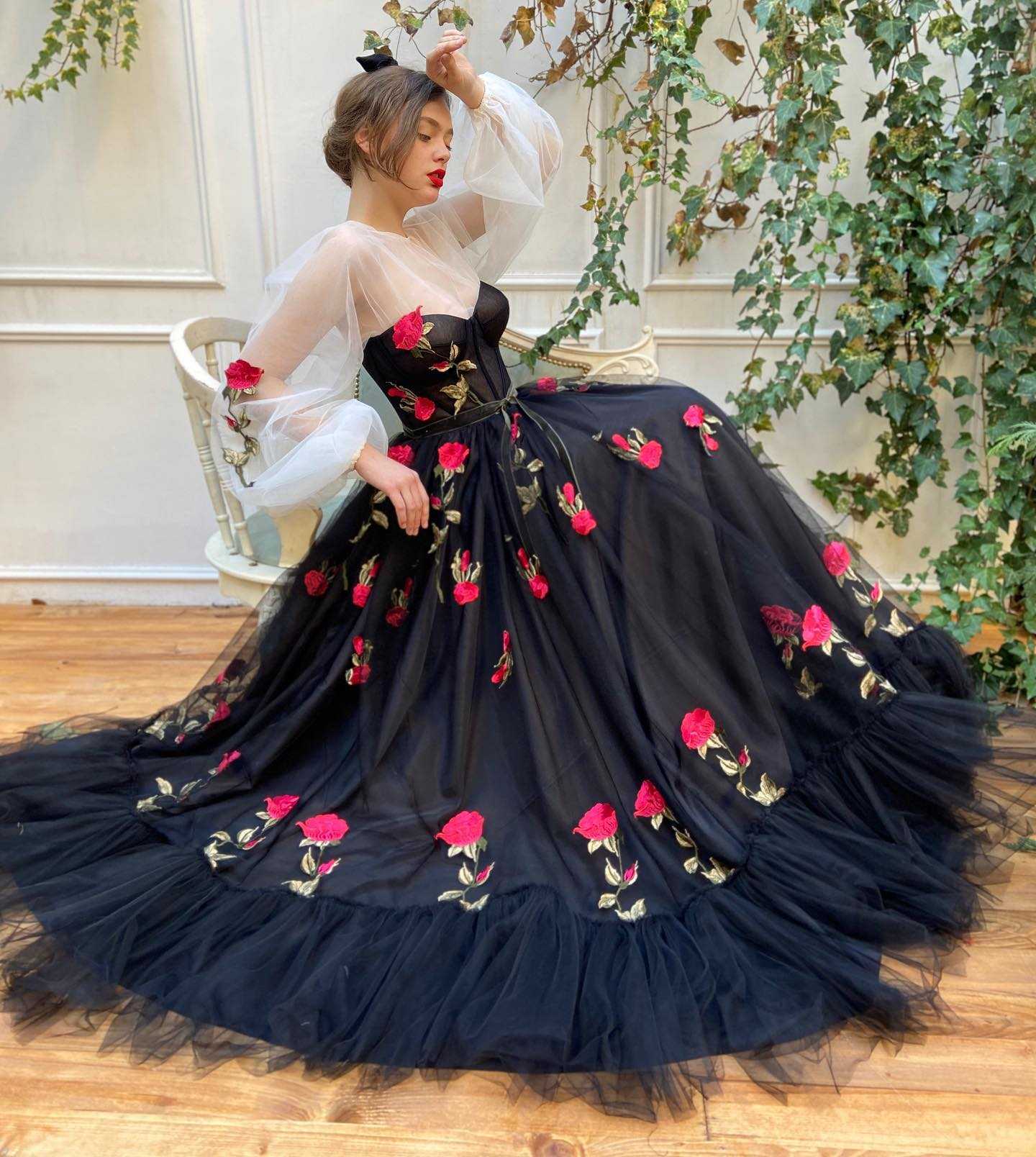 black tulle wedding dress with red flowers
