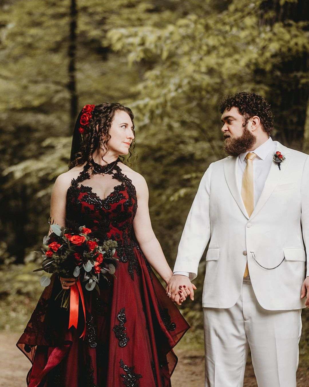 halter deep red wedding dress with black glitter lace via bridesandtailor-3
