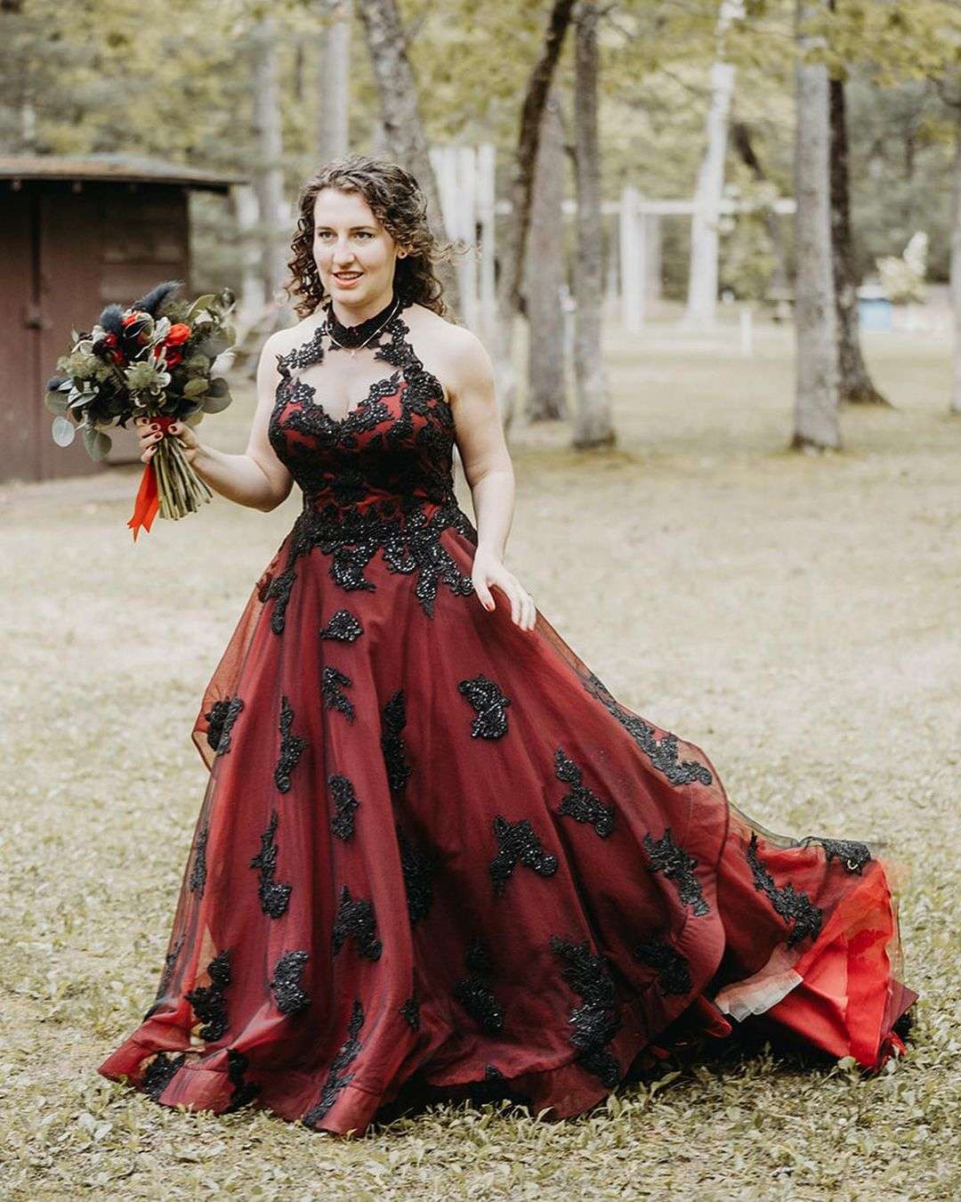 halter deep red wedding dress with black glitter lace via bridesandtailor